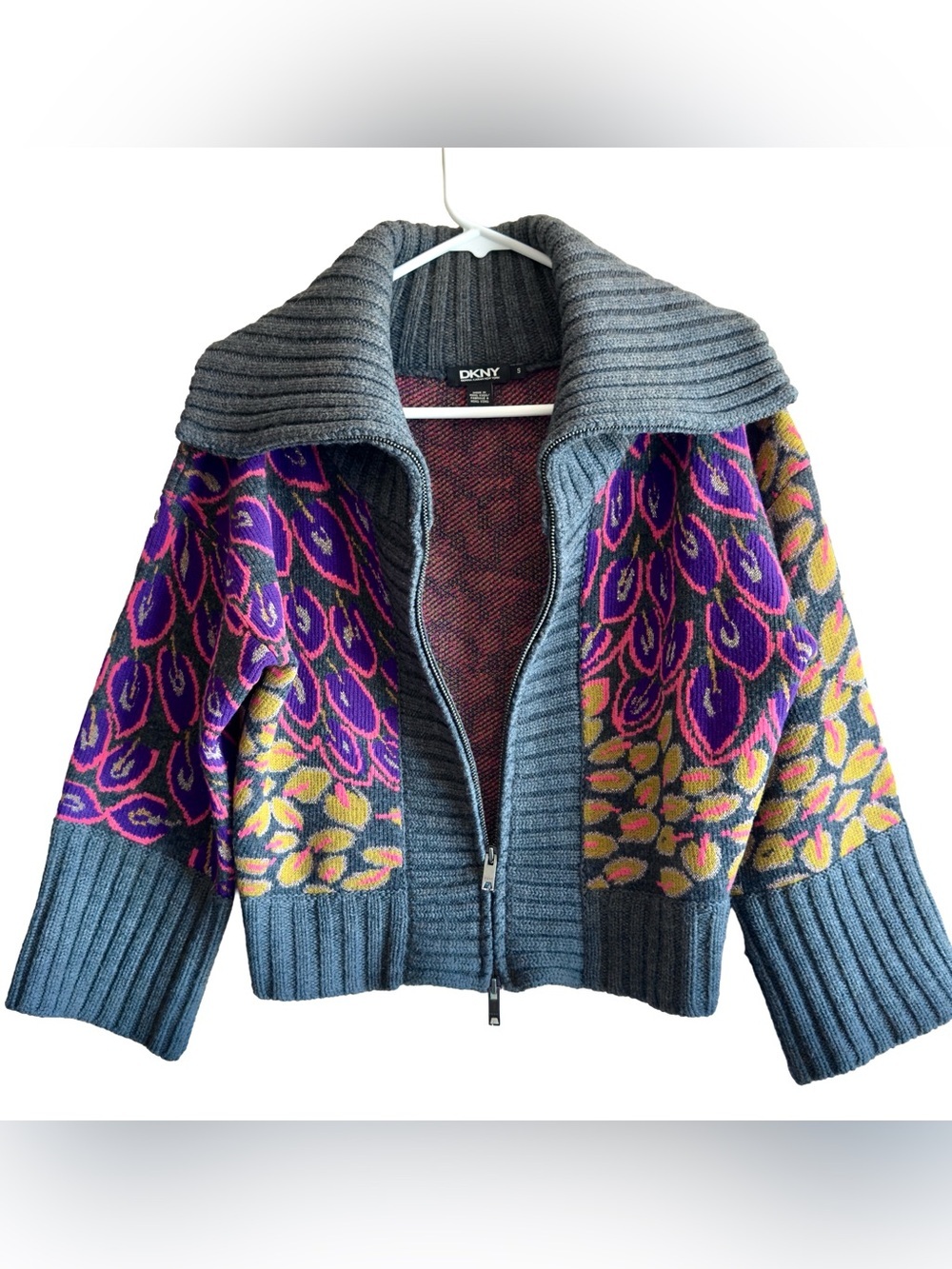 Vintage DKNY Mixed Media Full Zip Cardigan Sweater Shawl Collar Artsy Women’s S